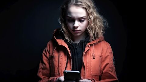 Mädchen schreibt auf seinem Handy Nachrichten. Es ist eine düstere Stimmung.